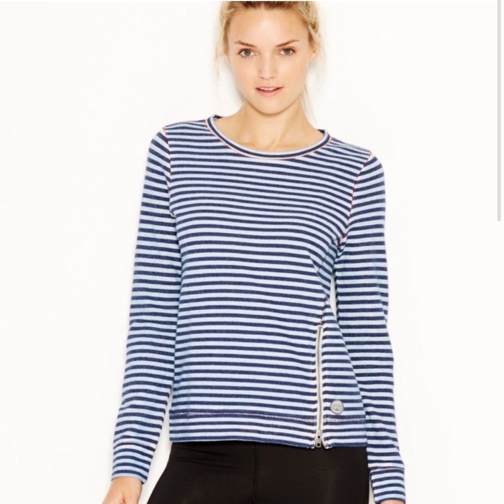 Lucky Brand Lucky Lotus Washed Blue Stripe Long Sleeve Top w/ front Zipper S- XS